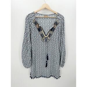 Skemo Women Size Small Blue Printed Sequin Tassel Tunic Swim Coverup Boho